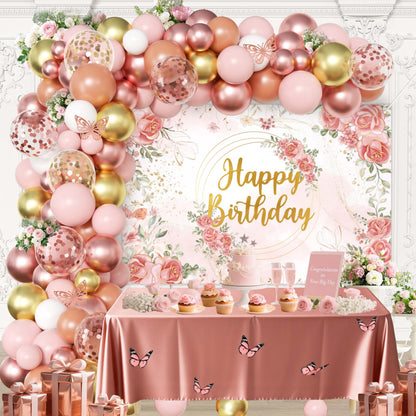 Rose Gold Floral Birthday Decorations for Women,Balloon Garland Kit, Pastel Nude Pink Metallic Matte White Balloons with Gold RoseGold Confetti