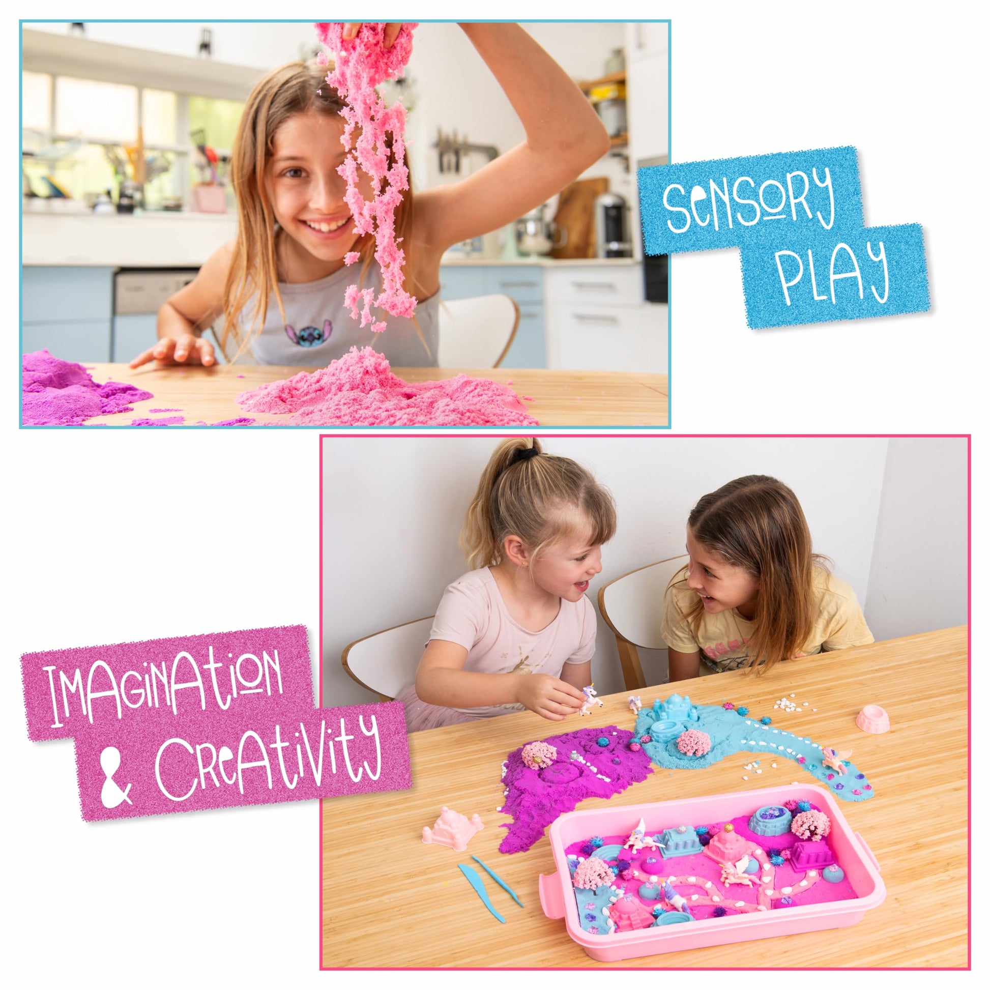 Kipipol Unicorn Sensory Bin for Toddlers 3-4, 5-7 Magic Sand Art Kit w Sandbox, 2.4 LB of Sensory Sand, 10 Sand Toys, 4 Unicorn Toys for Girls Age
