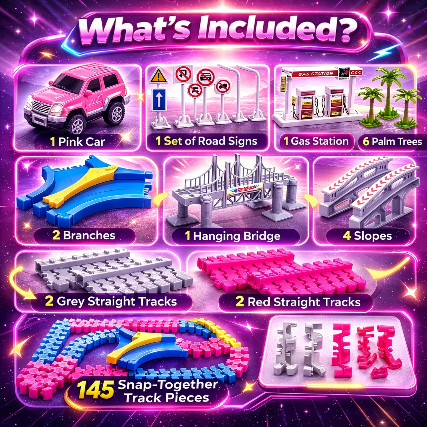 168 PCS Pink Magic Bendable Race Track Toy, Snap Together Create a Road Flexible Track Car Set for Toddlers, Kids, Boys, and Girls