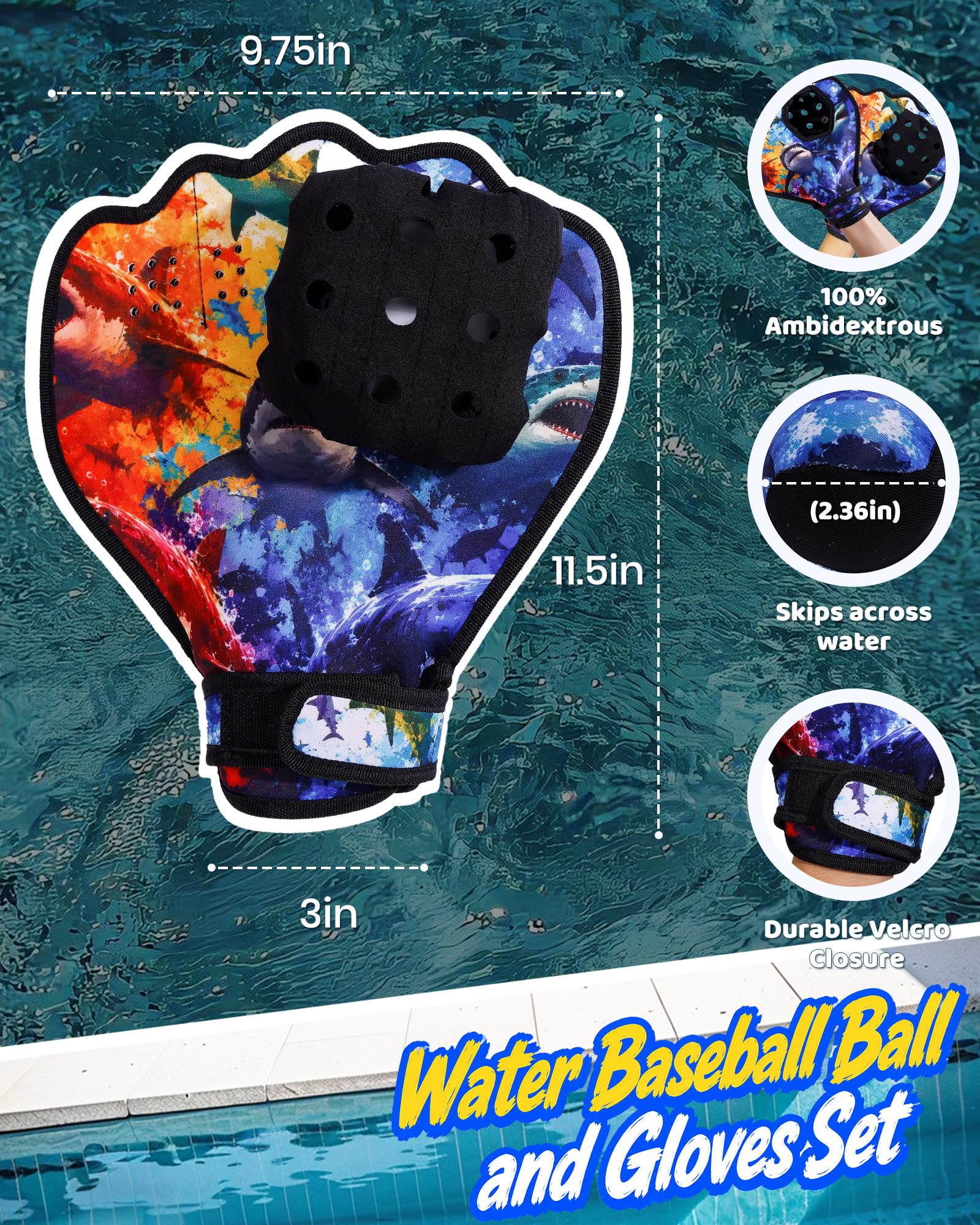 Water Baseball Gloves Set for Pool & Beach Games-for Beach Games & Swimming Pool Toys,1PC Water Bouncing Ball with 2PCS Pool Baseball