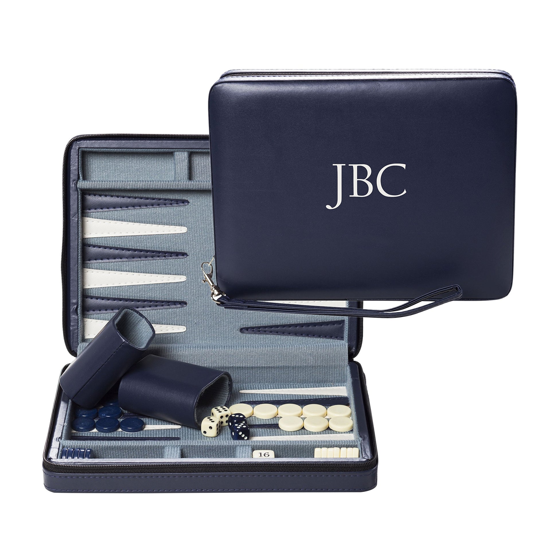 WE Games Custom Monogram Magnetic Travel Backgammon Set - Navy Blue