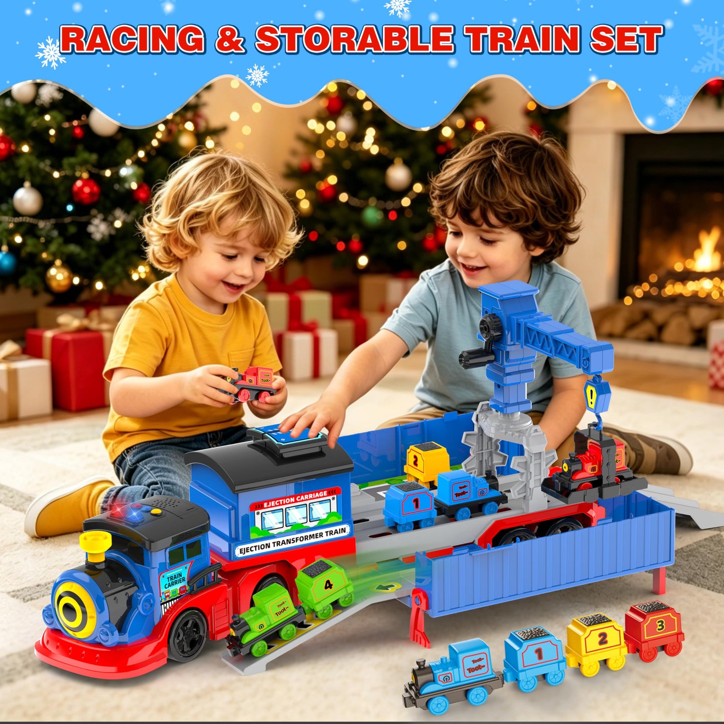 2-in-1 Toy Train Set for Toddler, Catapult Train Base with Movable Tower Crane, 8 Little Magnetic Trains, Light & Sound Effect, Ejection Car Truck