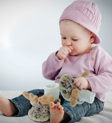 Puzzled DolliBu Brown Moose Soft Plush Baby Shoes - Soft & Fluffy Wild Life Fleece Unisex Footwear with Stuffed Animal Moose for Baby Boy or Girl