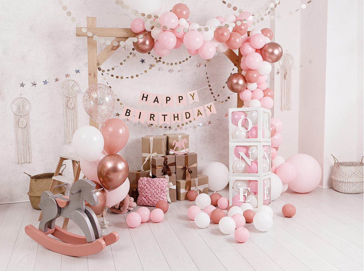 Baby Girl First Birthday Party Decorations 'ONE' Letters Individual Three White Transparent Square Boxes with 24 Balloons Decor for 1 Year Old Baby