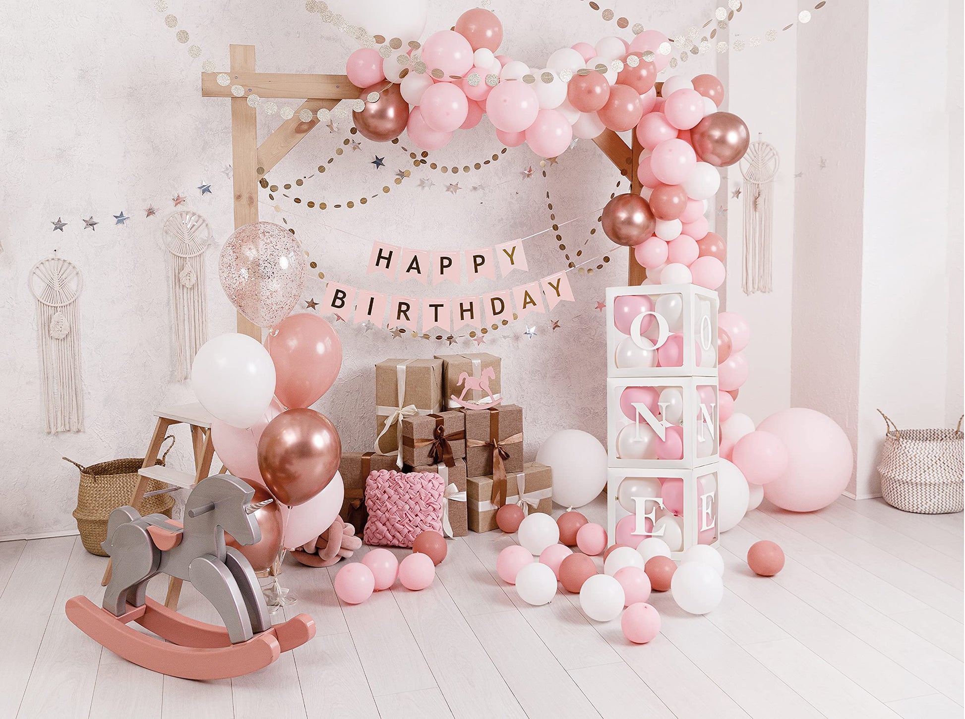 Baby Girl First Birthday Party Decorations 'ONE' Letters Individual Three White Transparent Square Boxes with 24 Balloons Decor for 1 Year Old Baby