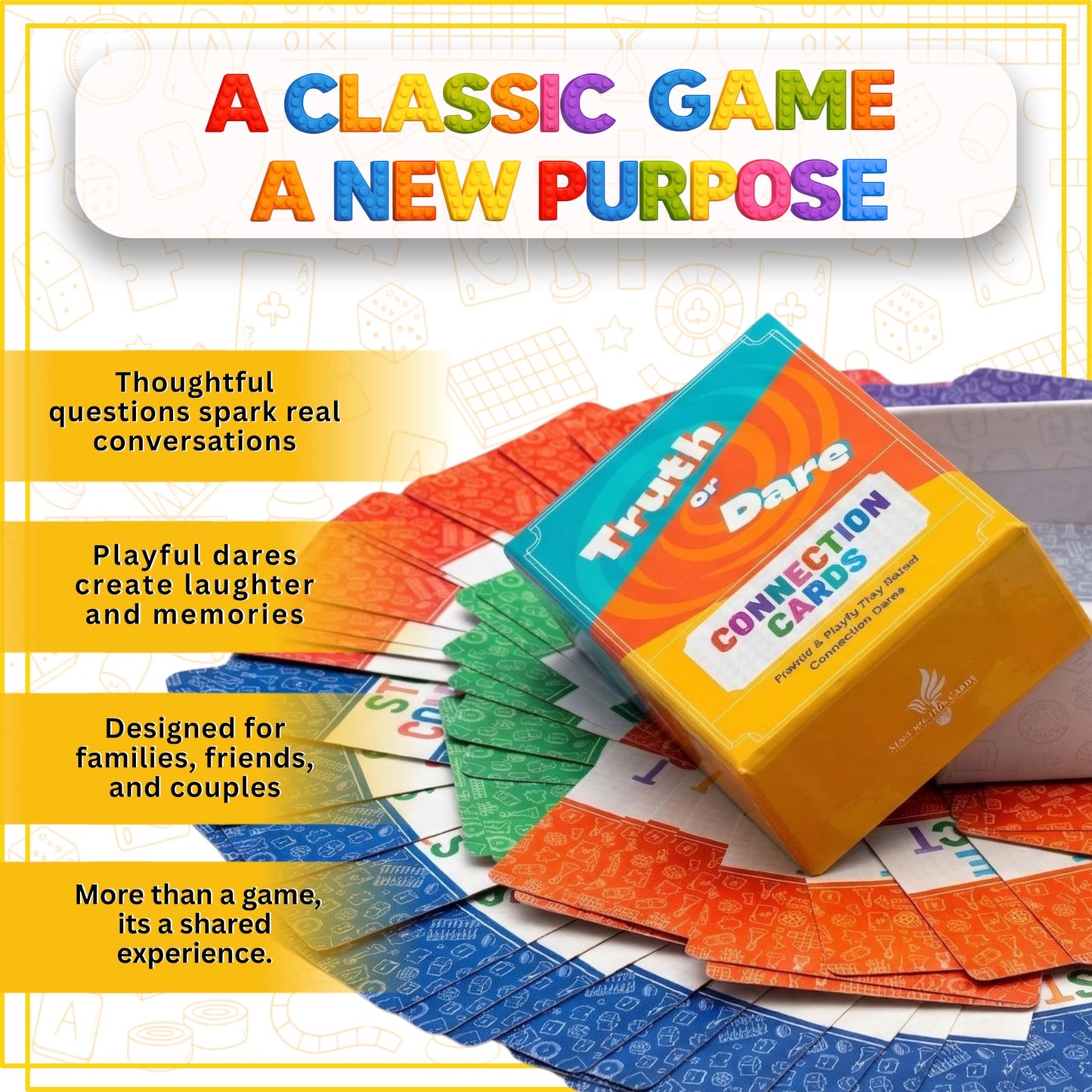 Mellow Minds Truth or Dare Card Game for Families, Couples & Friends - 100 Fun Conversation & Connection Cards for Game Night, Bonding, Parties & Road
