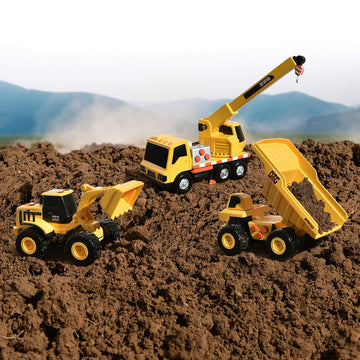 Sunny Days Entertainment Mini Construction Vehicles 3 Pack - Lights and Sounds Pull Back Toy Vehicle | Includes Dump Truck Front End Loader and Crane