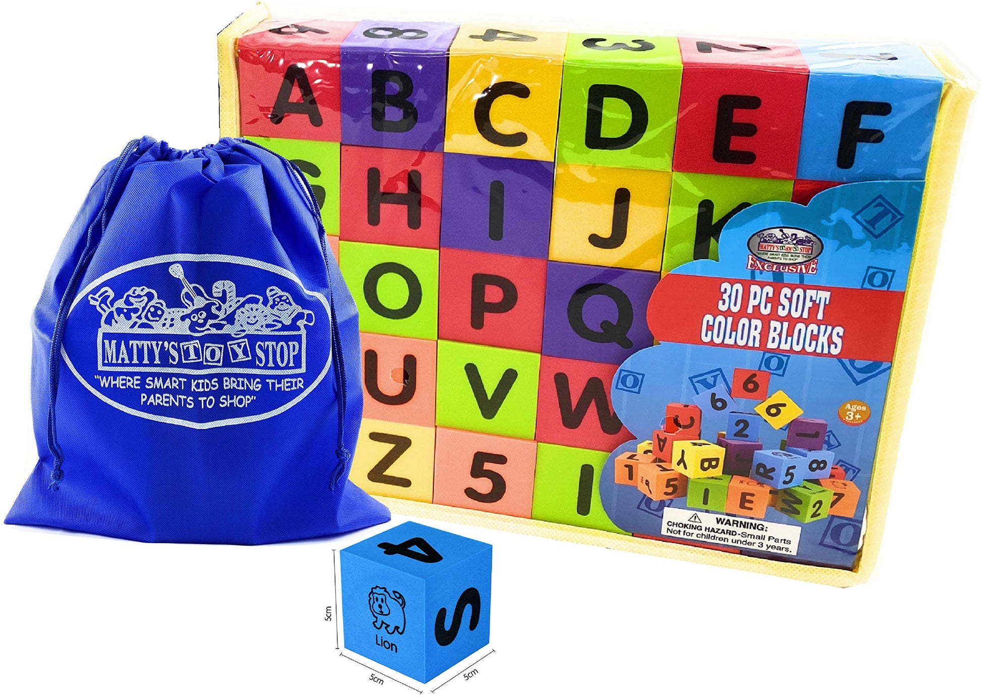 Matty's Toy Stop Deluxe 2" EVA Foam Colorful Building Blocks (30 PCS) Featuring Abc's, Numbers & Pictures with Bonus Storage Bag