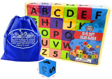 Matty's Toy Stop Deluxe 2" EVA Foam Colorful Building Blocks (30 PCS) Featuring Abc's, Numbers & Pictures with Bonus Storage Bag