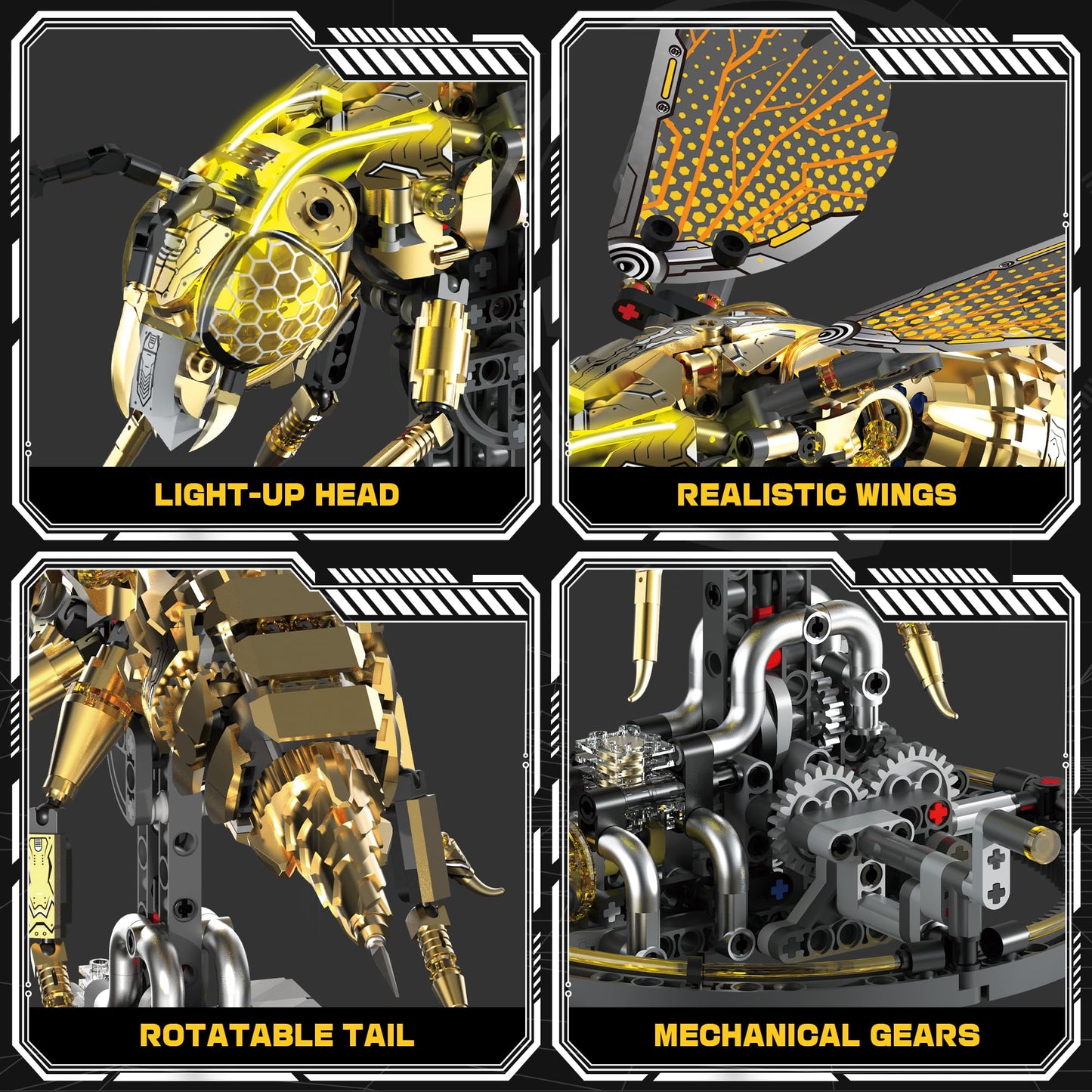 OrbBlaster Mechanical Bee Building Set for Adults, Technic Animal Building Block Insect Model with Lights & Moving Wings, Golden Robot Bee Collectible