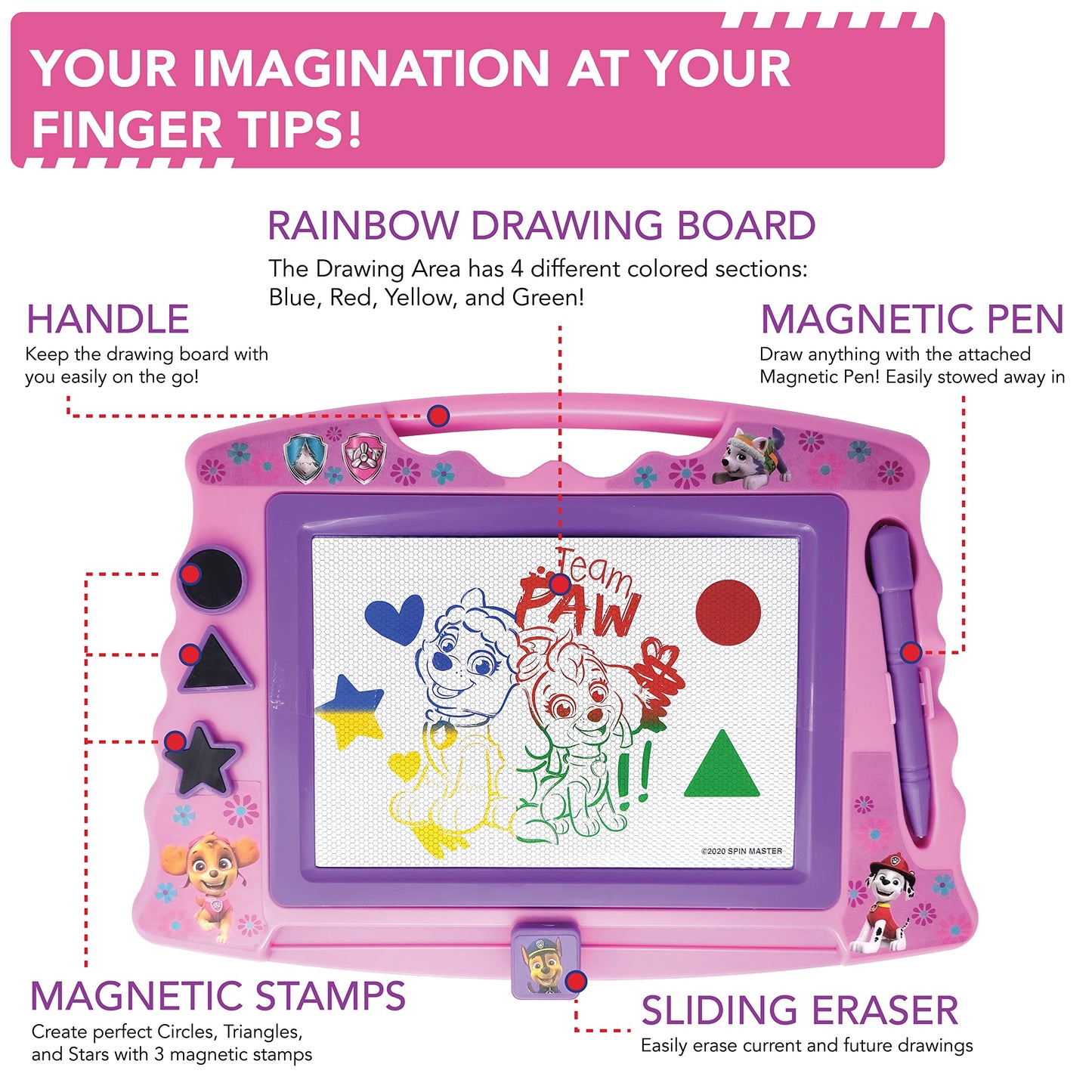 Lollipop PAW Patrol Magnetic Drawing Board with Stylus and 3 Stamps, for Girls or Boys (Pink)…
