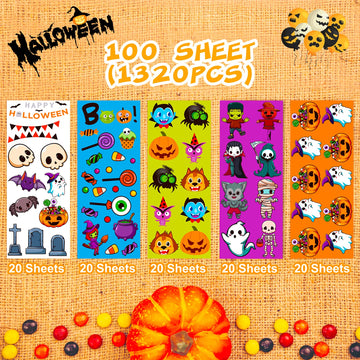 kortes 100-Sheets Kids Halloween Stickers Over 1320pcs, Vinyl Waterproof Halloween Pumpkin Stickers for Kids Halloween Party Favors