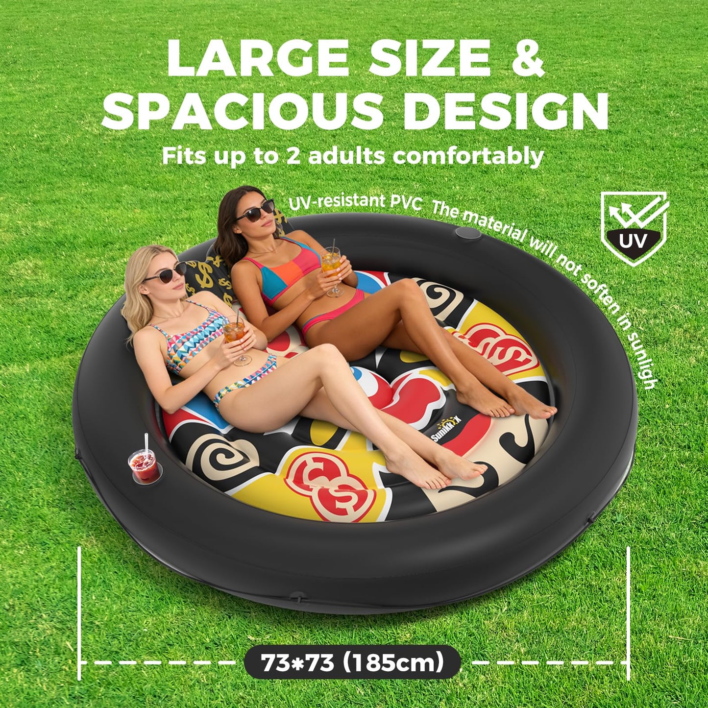 Sunikko X 73"x73" Inflatable Tanning Pool Floats Lounger Bed for Adults, Lucky Design XL Round Blow Up Pool Raft with Cup Holders, Pillow, 500lb