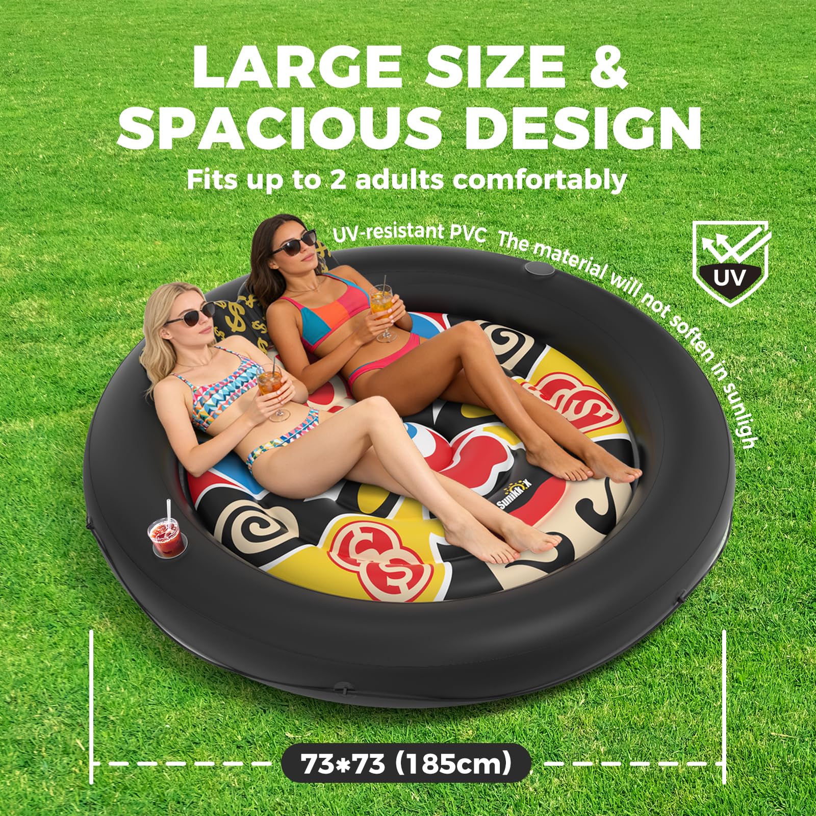 Sunikko X 73"x73" Inflatable Tanning Pool Floats Lounger Bed for Adults, Lucky Design XL Round Blow Up Pool Raft with Cup Holders, Pillow, 500lb