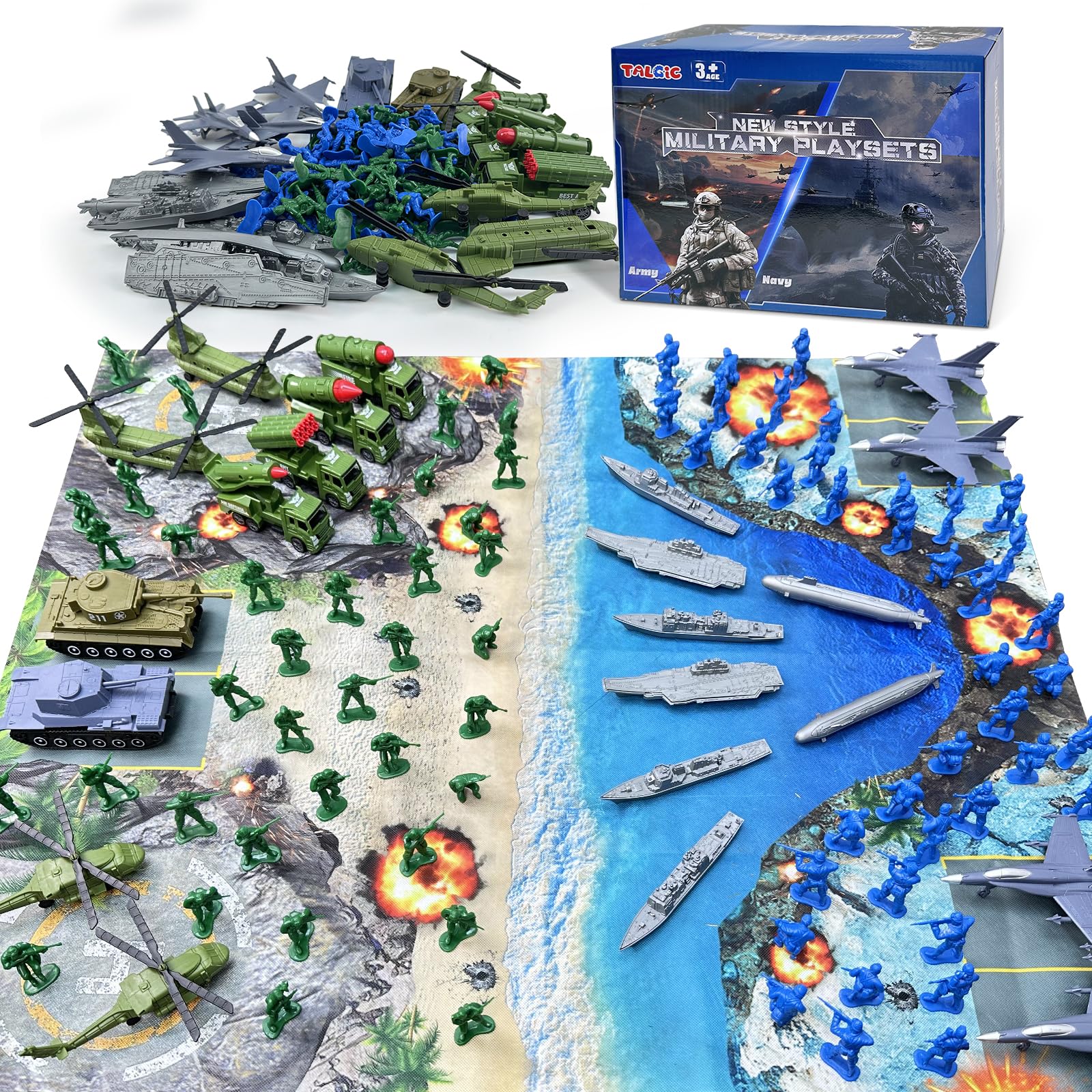 TALGIC Army Men Playset - Large Set Including Army Men Action Figures, Battle Mat, Army and Navy Weapon Gear Accessories, Military Combat Toys, Army