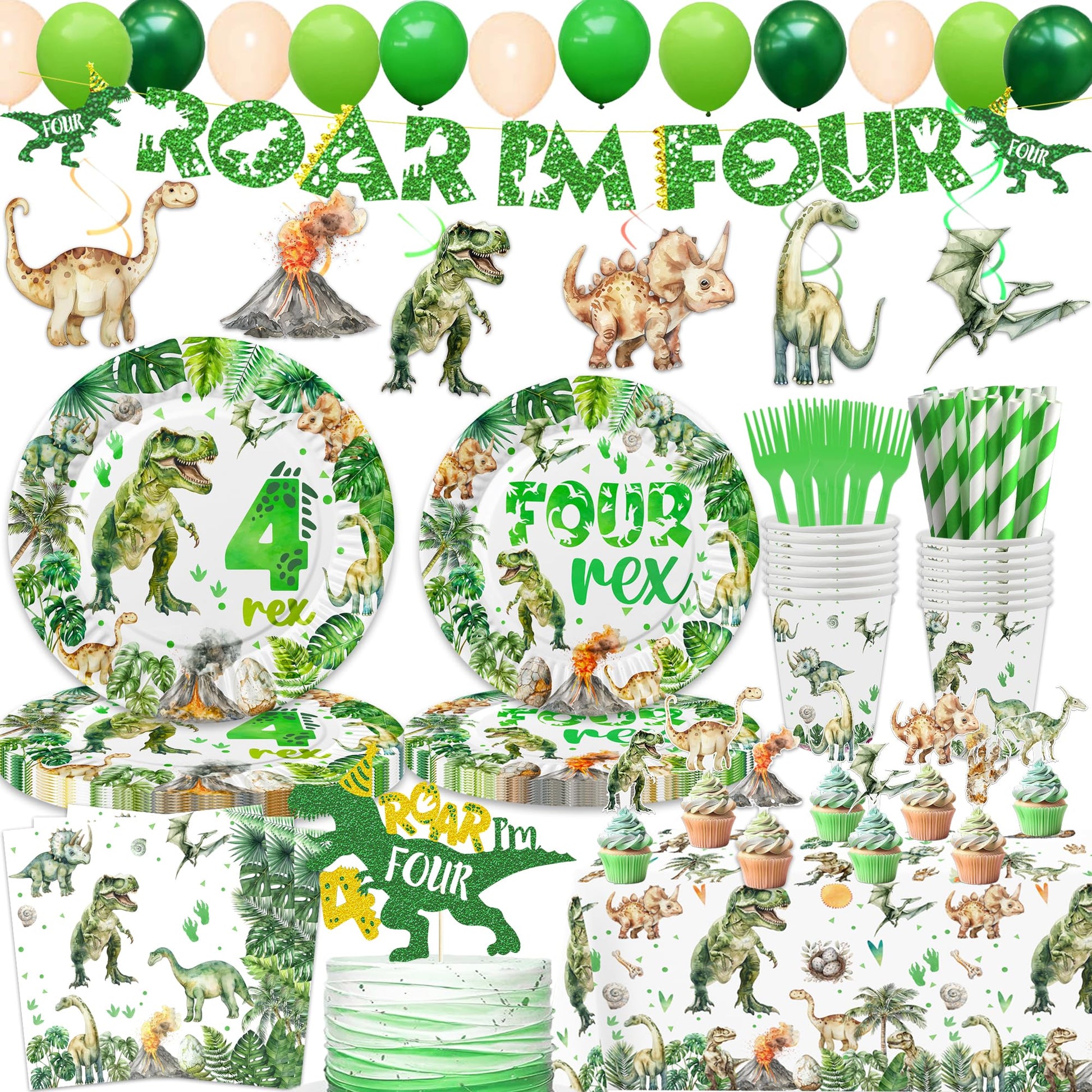 208 Pcs Dinosaur 4th Birthday Party Supplies, Green Dino Roar I'm Four Birthday Decorations, 20 Serves Include Plates, Cups, Napkins, Tablecloth, Cake