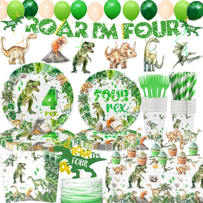 208 Pcs Dinosaur 4th Birthday Party Supplies, Green Dino Roar I'm Four Birthday Decorations, 20 Serves Include Plates, Cups, Napkins, Tablecloth, Cake