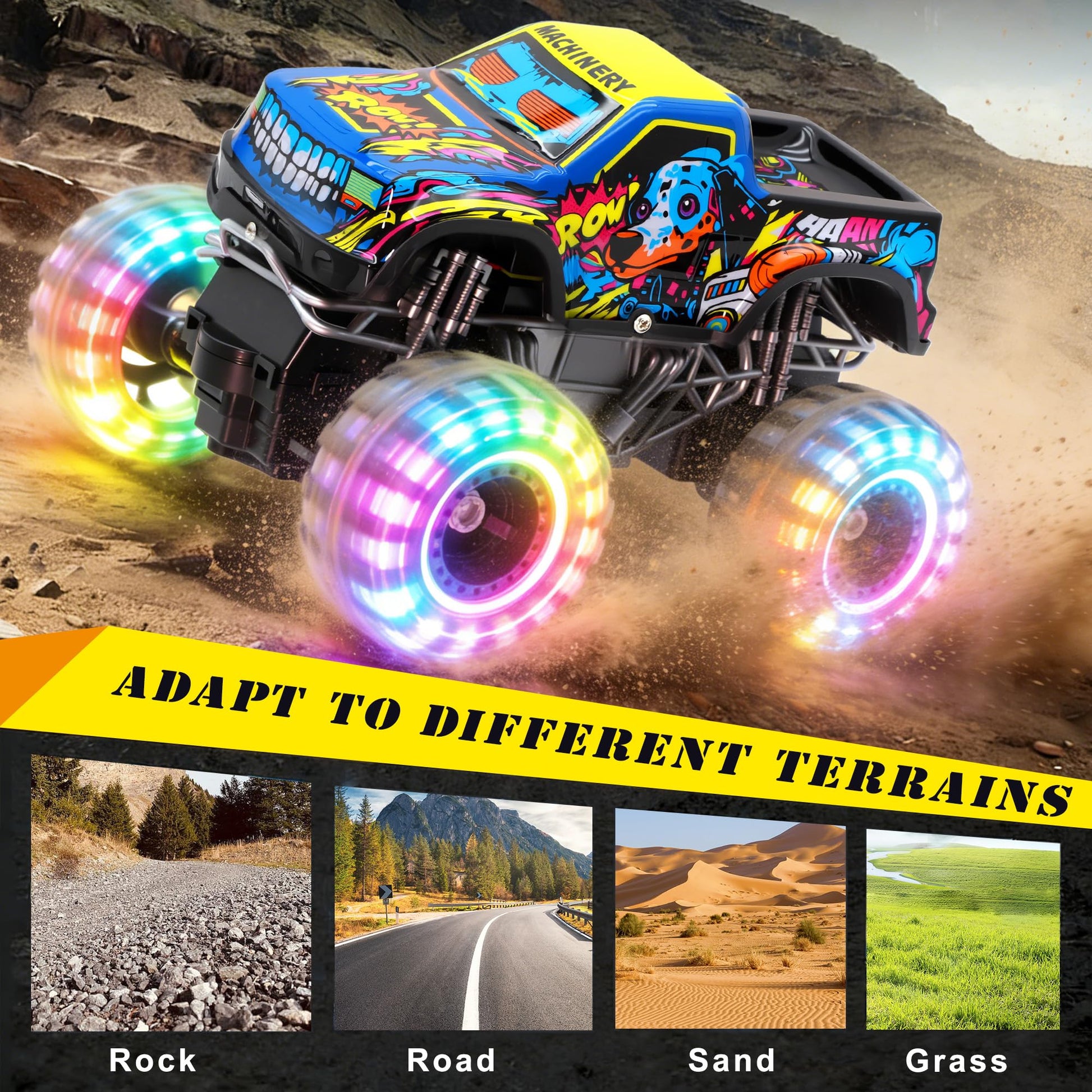 Remote Control Monster Truck Toys for Kids, 1:20 Scale 2.4GHz RC Car with Lights, All Terrain Rechargeable RC Truck with 2 Rechargeable Batteries, Toy