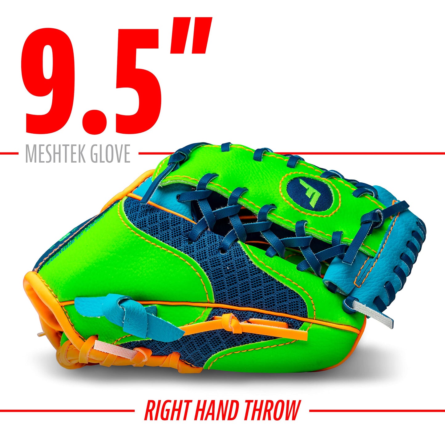 Franklin Sports Teeball Meshtek Gloves, Navy/Lime/Orange, Right Hand Throw, 9.5"