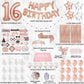 PartyHooman Sweet 16 Birthday Decorations Rose Gold With Sweet 16 Sash and Tiara Set, 2Pcs Backdrop, 25Pcs Pre-assembled Photo Booth Props, Balloons