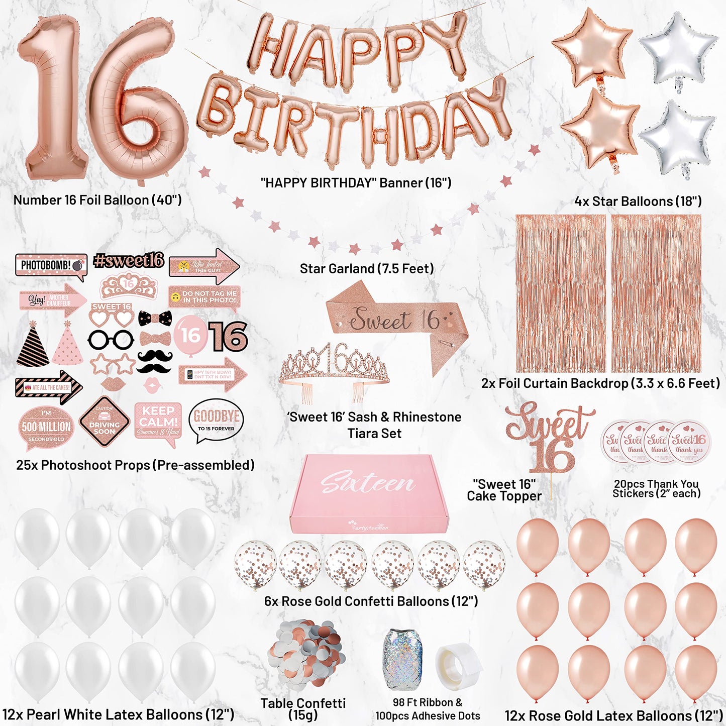 PartyHooman Sweet 16 Birthday Decorations Rose Gold With Sweet 16 Sash and Tiara Set, 2Pcs Backdrop, 25Pcs Pre-assembled Photo Booth Props, Balloons