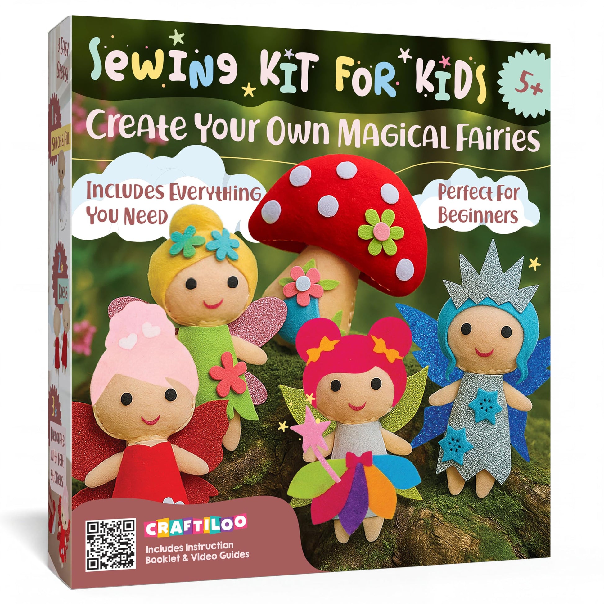 CRAFTILOO Fairy Sewing Kit for Kids Ages 5-12 - Beginner Sewing Kit with 5 Pre-Cut Felt Projects - Make Your Own Stuffed Animal Plush Dolls - Fun
