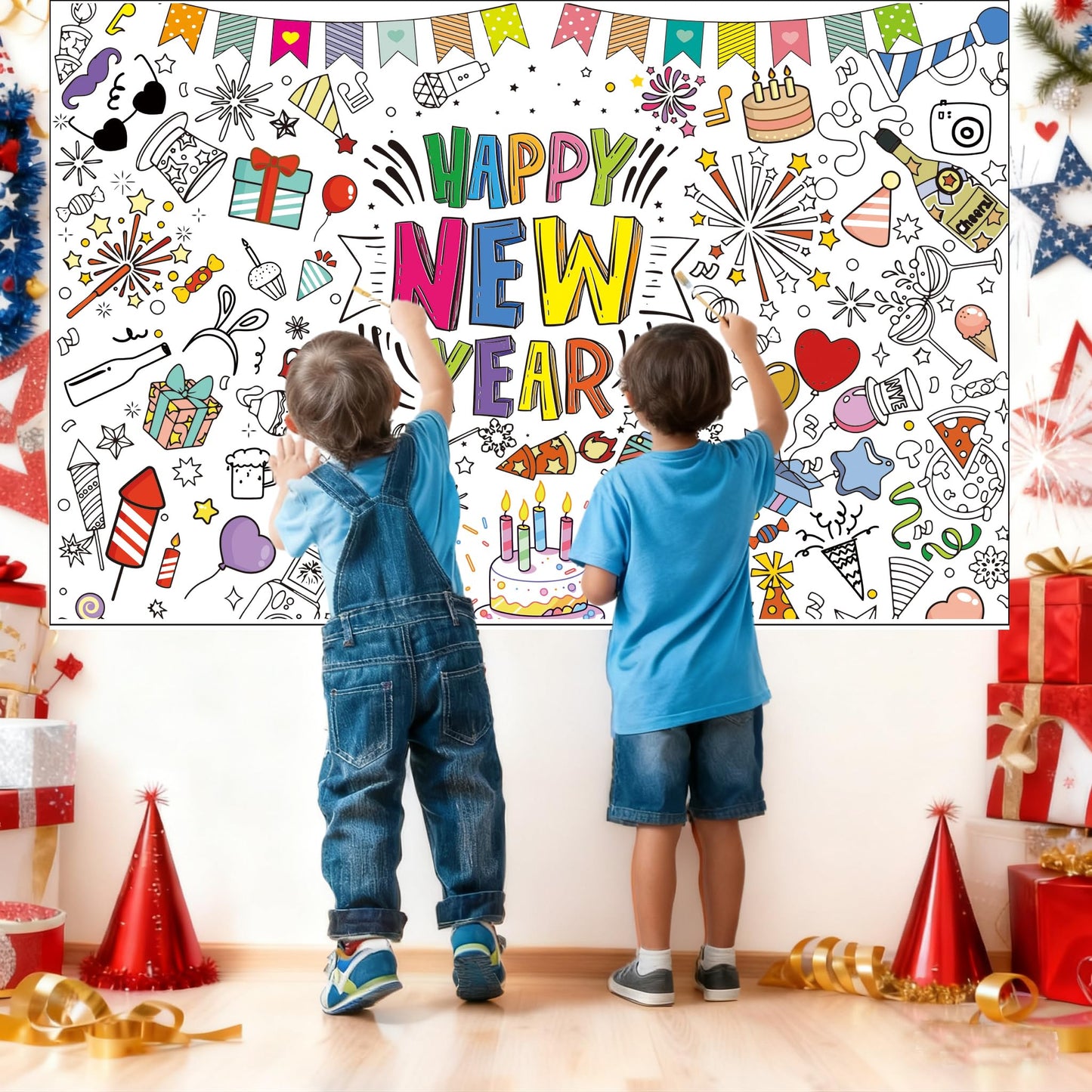 Ansoufien Happy New Year Giant Coloring Poster, 72 x 30 Inches Large Paper Tablecloth with 24 Paint Pens (12 Colors), DIY Party Activity Art Craft