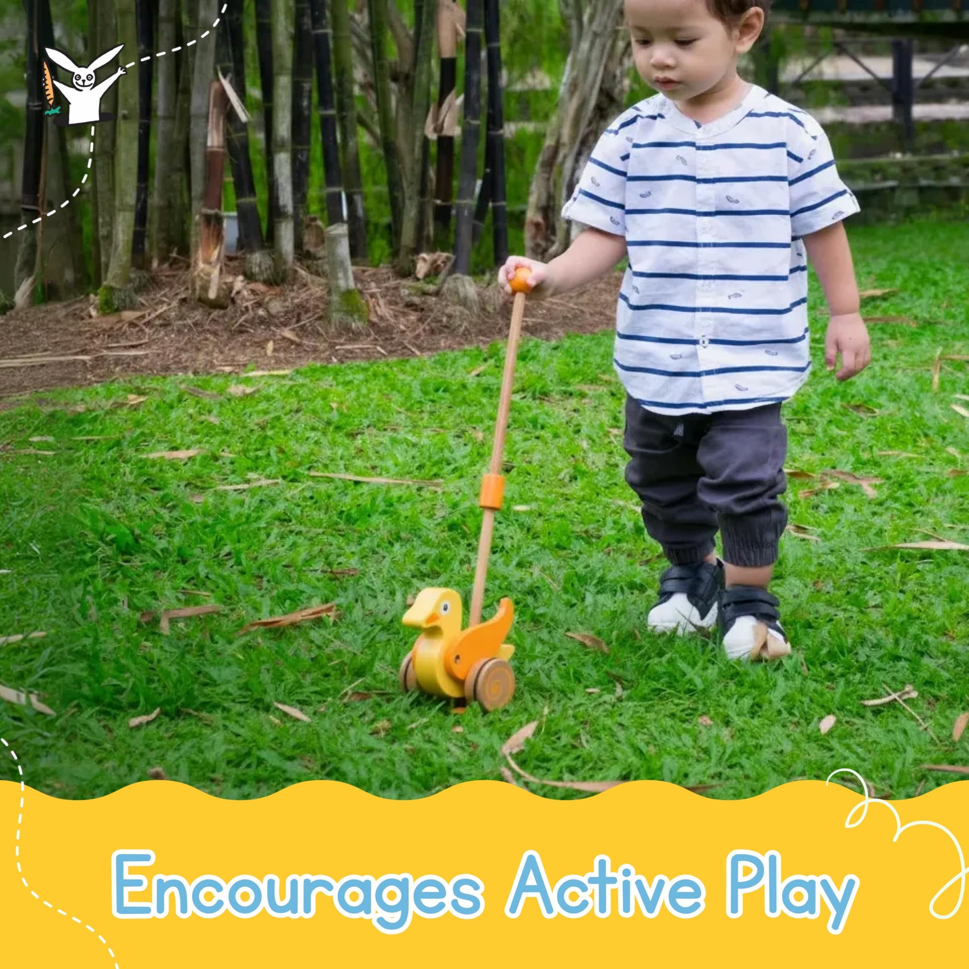 Wooden Duck Push Toy by Jack Rabbit Creations- Classic Toddler Push Toy for Early Walking, Balance and Motor Skills Development- Collapsible