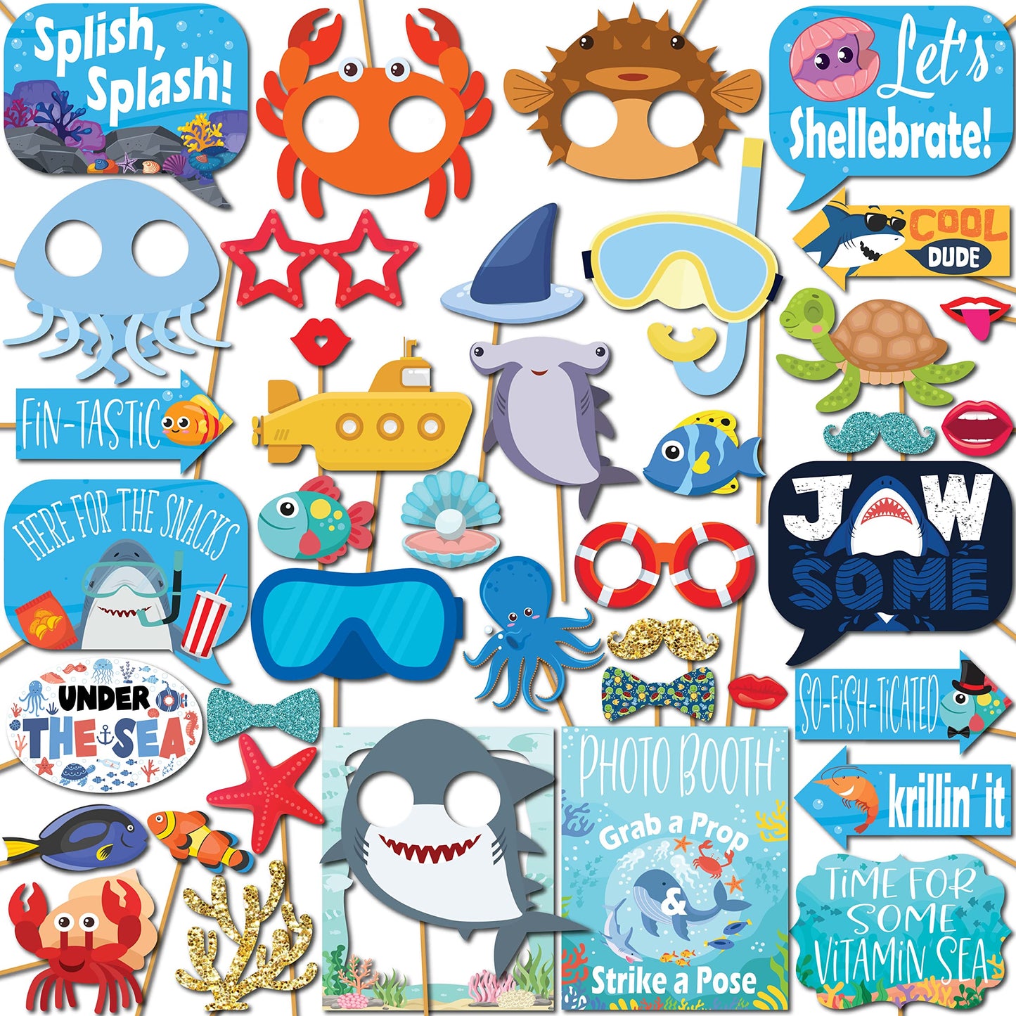 Under the Sea Photo Booth Props - 41-pc Photobooth Kit with 8 x 10-Inch Sign, 60 Adhesive Pads, 45 Sticks - Under the Sea Decorations - Under the Sea