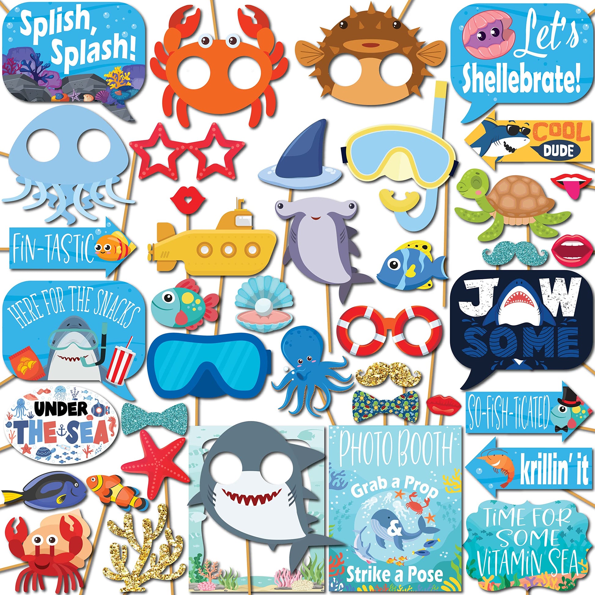 Under the Sea Photo Booth Props - 41-pc Photobooth Kit with 8 x 10-Inch Sign, 60 Adhesive Pads, 45 Sticks - Under the Sea Decorations - Under the Sea