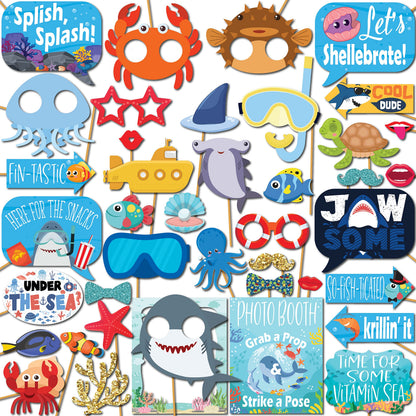 Under the Sea Photo Booth Props - 41-pc Photobooth Kit with 8 x 10-Inch Sign, 60 Adhesive Pads, 45 Sticks - Under the Sea Decorations - Under the Sea