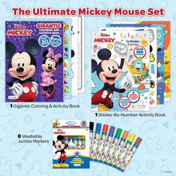 Disney Junior Mickey Mouse Coloring Book and Activity Set, Sticker by Number Book, Washable Jumbo Markers, 3-Piece Bundle for Kids Ages 3+