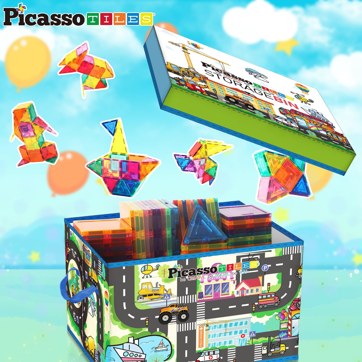 PicassoTiles Magnet Tile Toy Organizer Foldable City Theme Storage Bin Box with Lid and Handles Magnetic Tiles Building Blocks STEM Educational