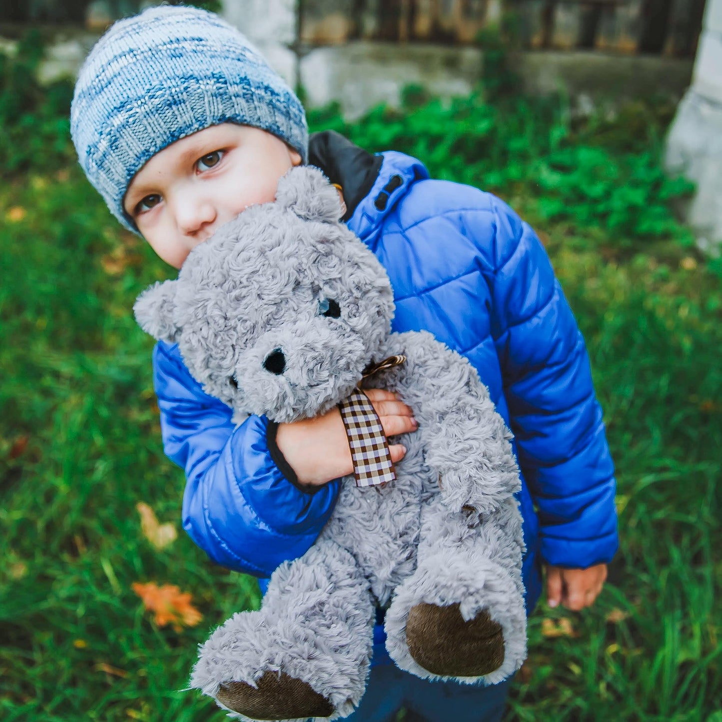 WEIGEDU Classic Fluffy Teddy Bear Plush Toys Stuffed Animals with Vintage Lattice Tie for Kids Babies Birthday Bedtime, 11.8 inches Gray