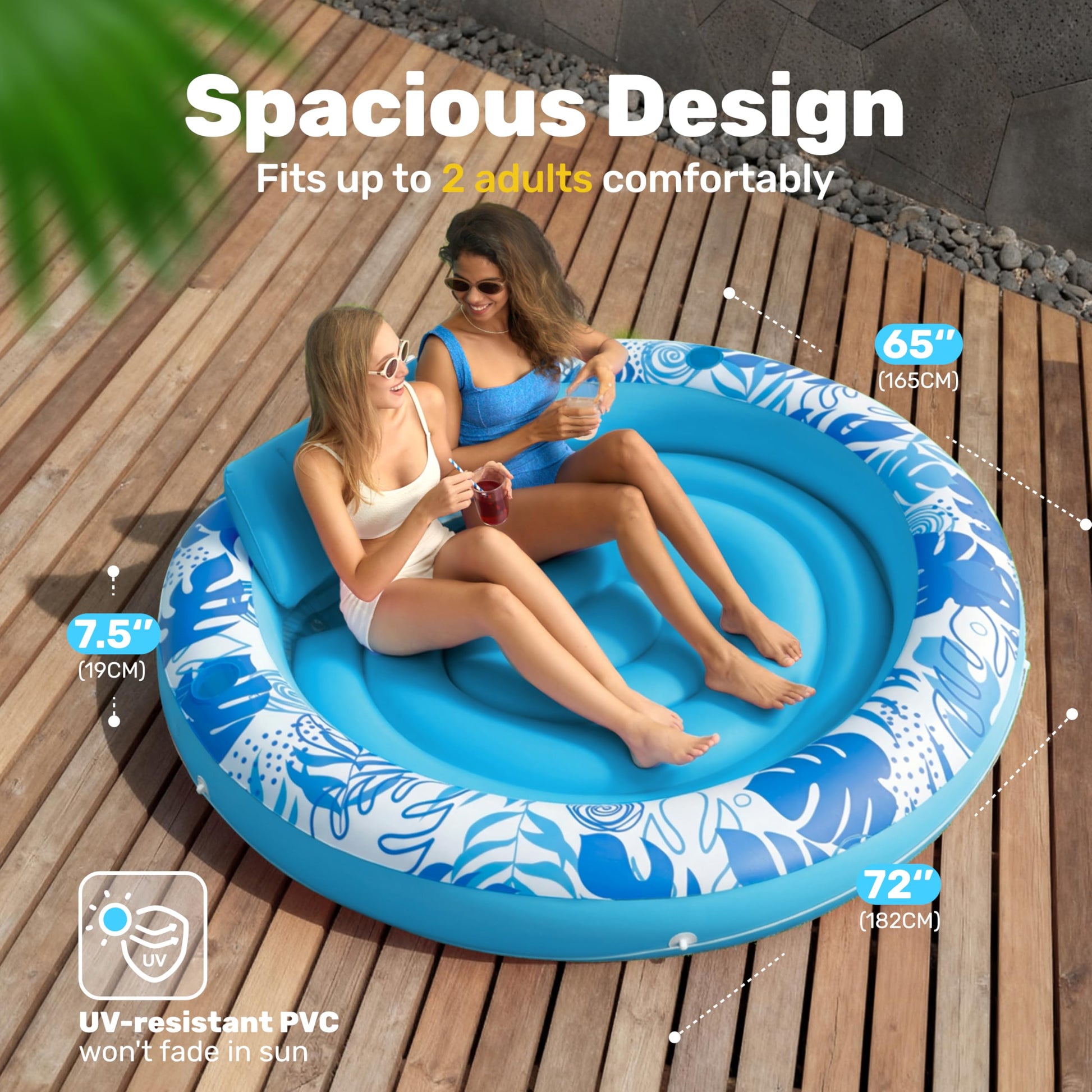 SLOOSH Inflatable Tanning Pool Lounger Float, 72" x 56" Pool Floats Adult with Pillow, 4 in 1 Round Suntan Tub Raft Floatie,Sunbathing Bed Lounge