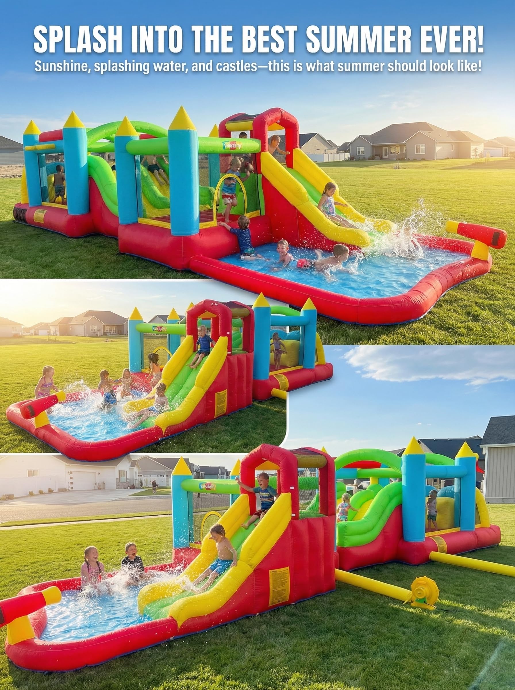 Giant 29FT Wate Slide Bounce House Detachable (15.3+13.5FT) Combo, Obstacle Course & Waterslide, Tunnel/Jumping Area/Spalish Pool, Bouncy Castle