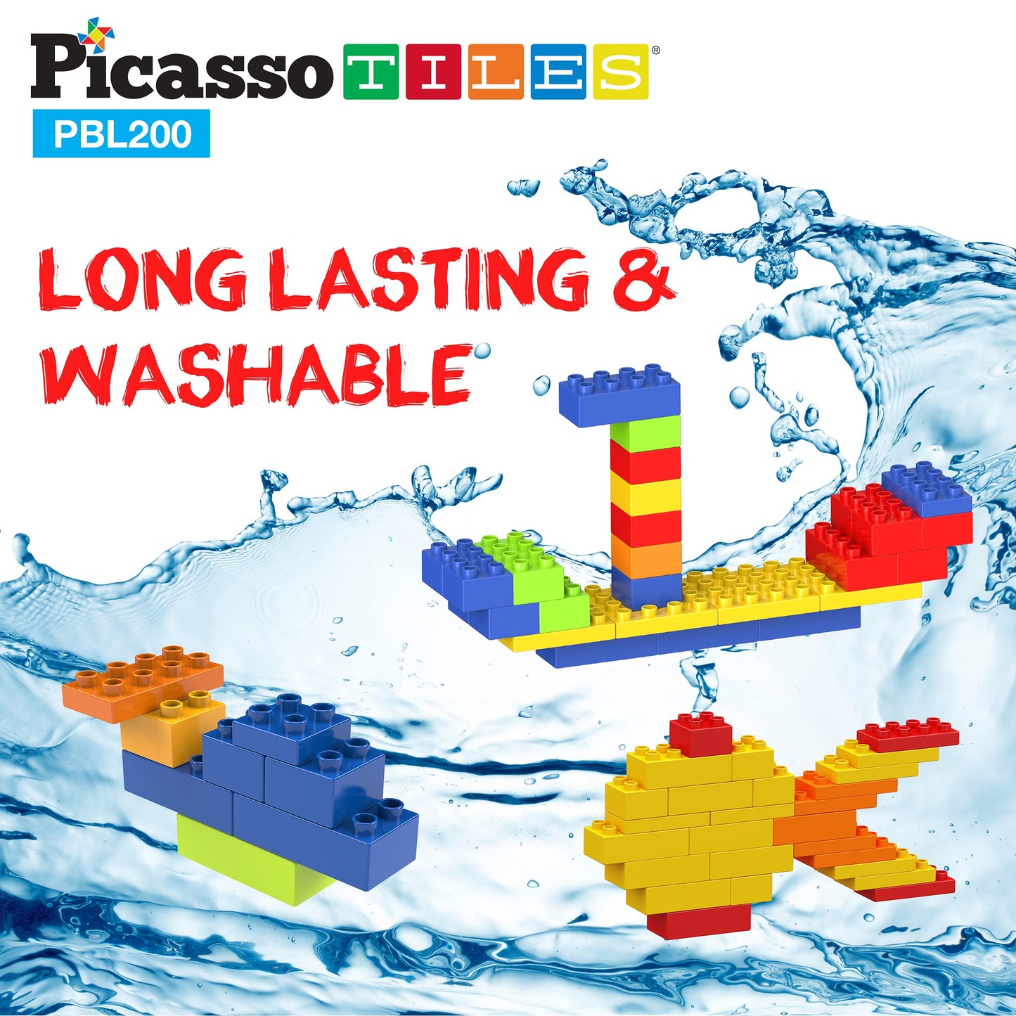 PicassoTiles 200 Piece Large Construction Brick Building Blocks STEM Bricks Toy Set Creative Learning Early Education Playset 5 Colors 4 Unique Shapes