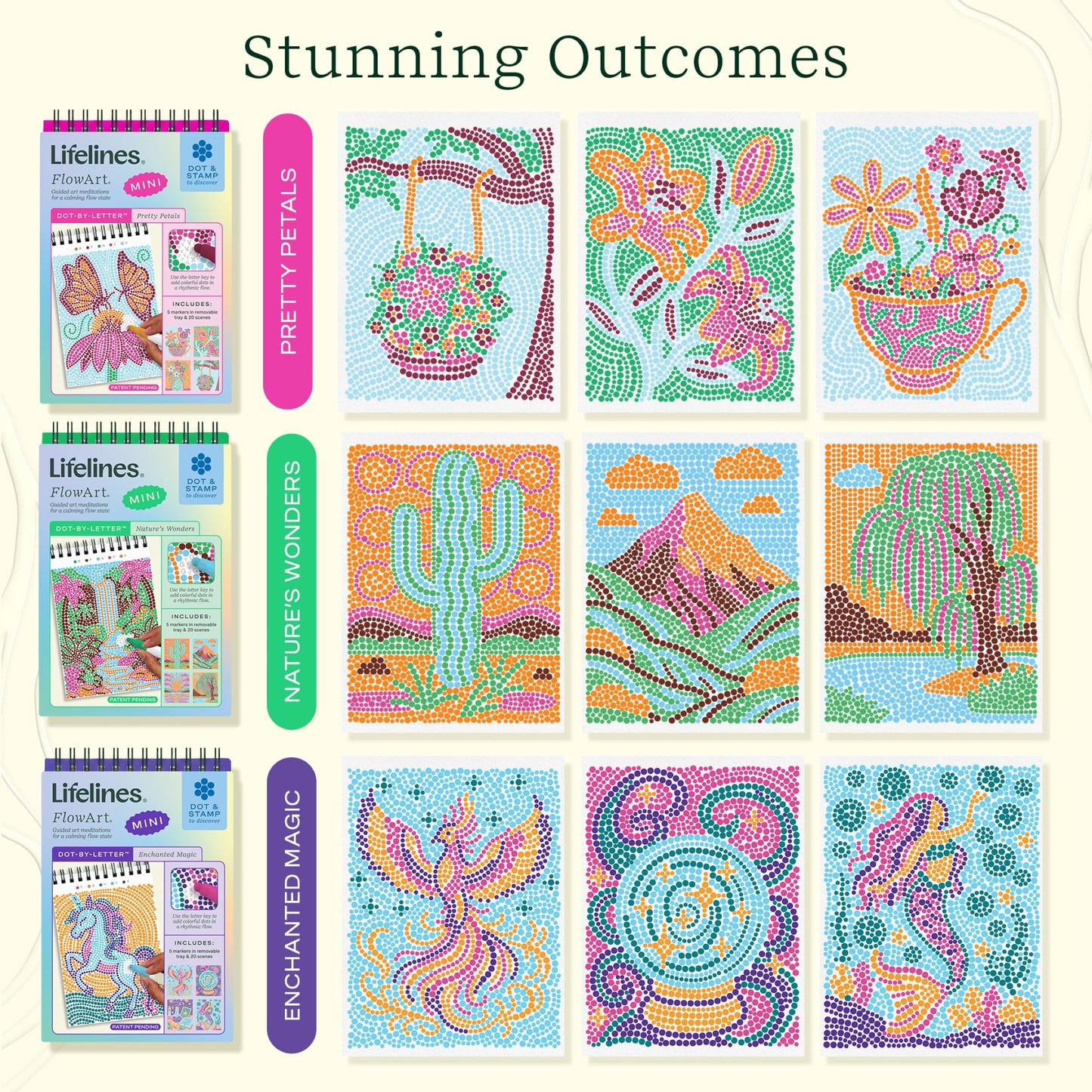 Lifelines FlowArt Activity Pads, 2-Pack & Bonus Pad - Guided Dot-by-Letter Art Meditations - 8 Double-Sided Markers & 48 Scenes - Color by