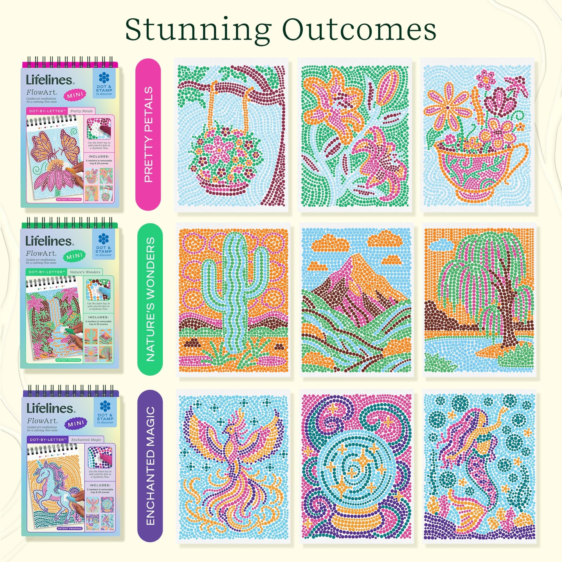 Lifelines FlowArt Activity Pads, 2-Pack & Bonus Pad - Guided Dot-by-Letter Art Meditations - 8 Double-Sided Markers & 48 Scenes - Color by