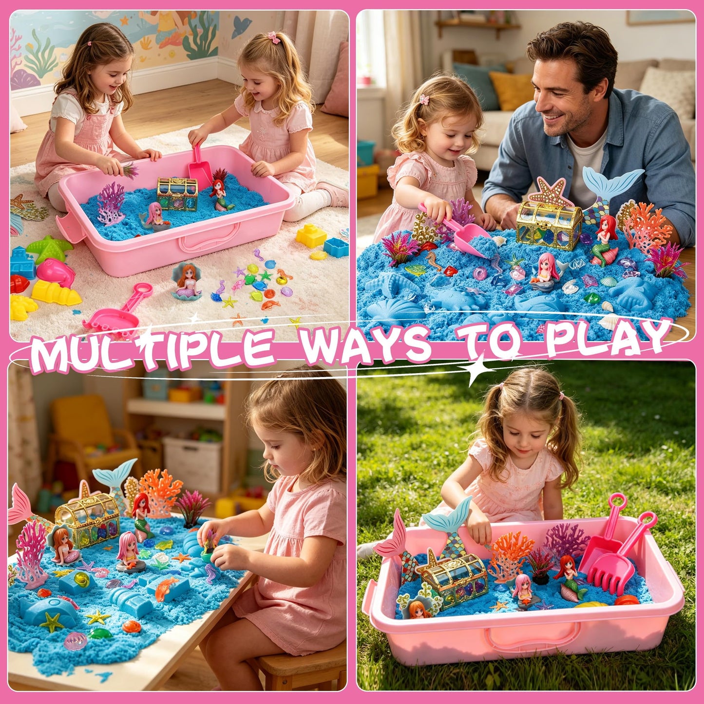 Pakimio Mermaid Sensory Sand Kit for Kids, Complete Sensory Bin with Lid
