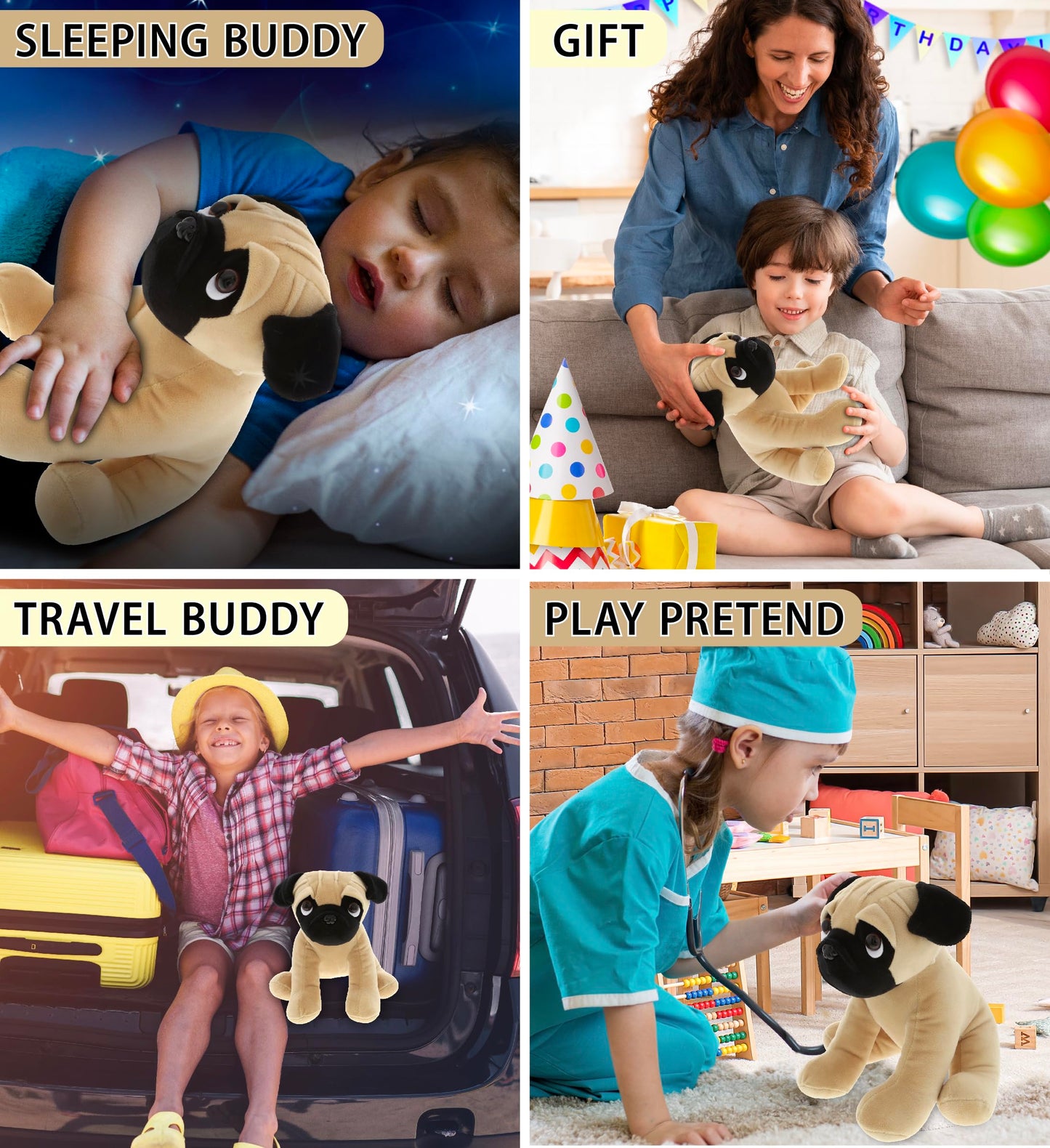DolliBu Sitting Pug Stuffed Animal Dog Plush Toy, Kids & Adults Huggable Puppy Cuddle Gifts, Cute Stuffed Animals for Toddler & Baby First Teddy Bear