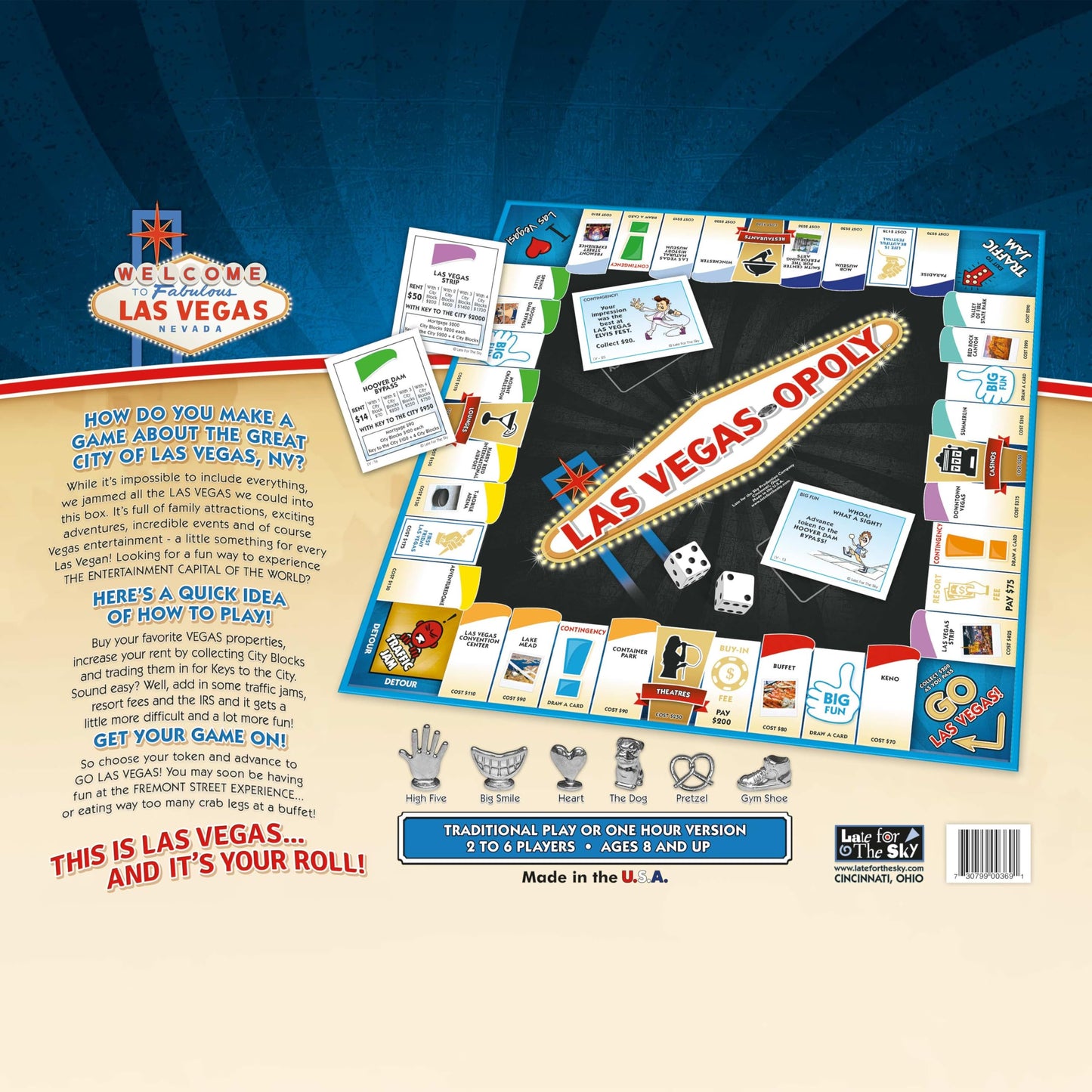 Late for The Sky Las Vegas-Opoly Property Trading Board Game - Vegas Theme Family Party Game for 2-6 Players Ages 8+, Tokens, Dice, Cards, City Blocks