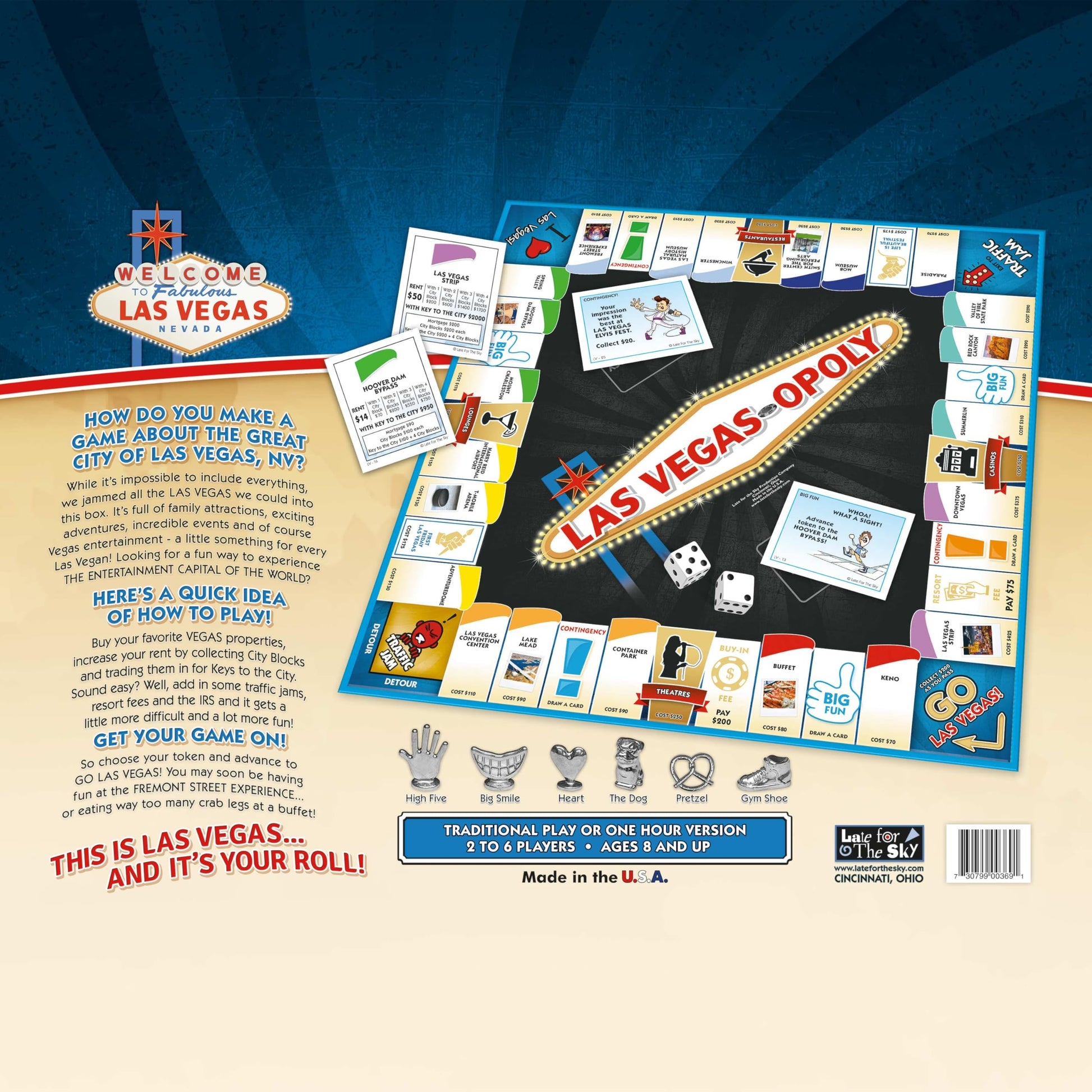 Late for The Sky Las Vegas-Opoly Property Trading Board Game - Vegas Theme Family Party Game for 2-6 Players Ages 8+, Tokens, Dice, Cards, City Blocks