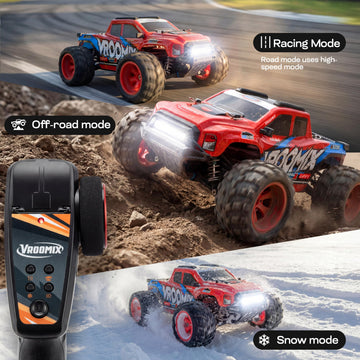 Vroomix 1:16 4WD RC Car, Red Remote Control Light Hobby Racing Monster Truck Toy Gift for Kids, 3 Driving Modes, Up to 28 Mph, 35 Mins, 110 Ft Range