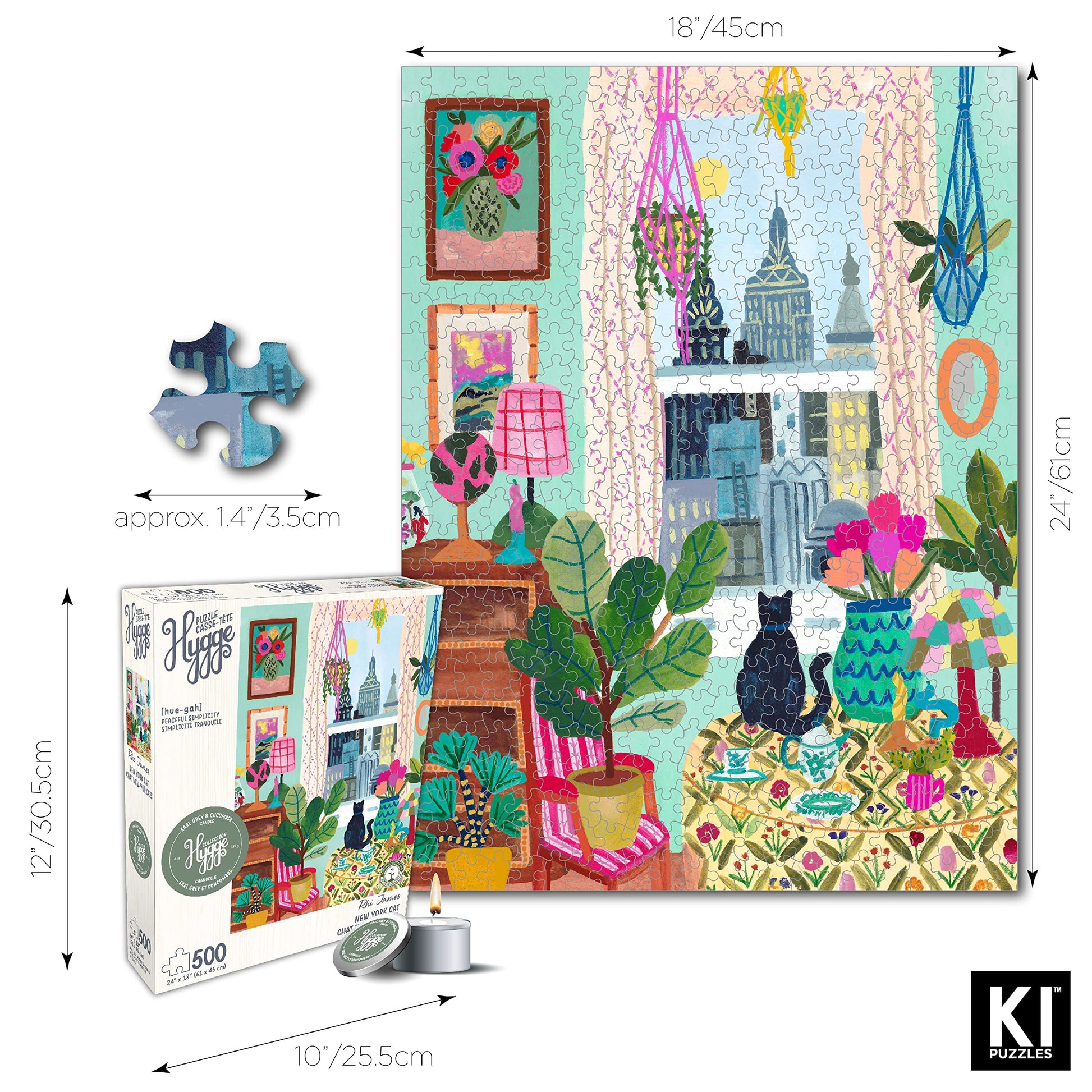 500 Piece Puzzle for Adults Hygge Collection Cat in Window Rhi James Blueboard Jigsaw and Candle by KI Puzzles