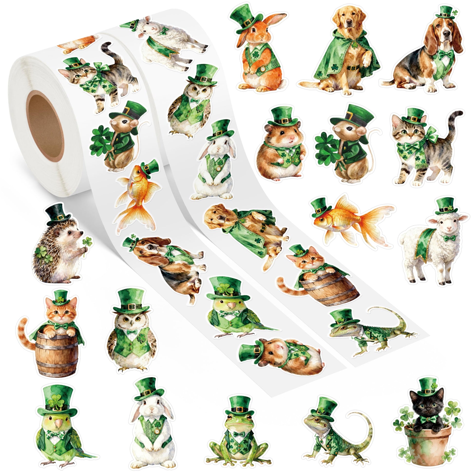 DSjuedui Easter Watercolor Animal Roll Stickers - 2000Pcs Spring Green Shamrock Dog Cat Birds Cartoon Stickers for Kids, Irish St Patrick's Day