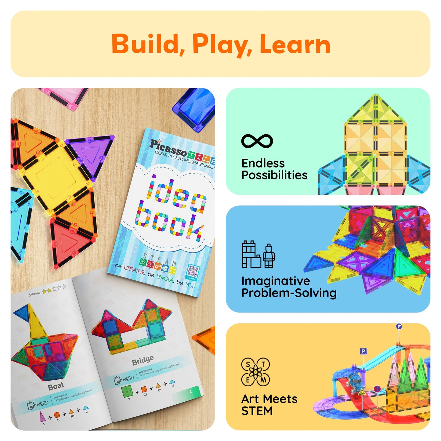 PicassoTiles Magnetic Tile Idea Book, 300 Builds Illustrated Guide, Ages 3+