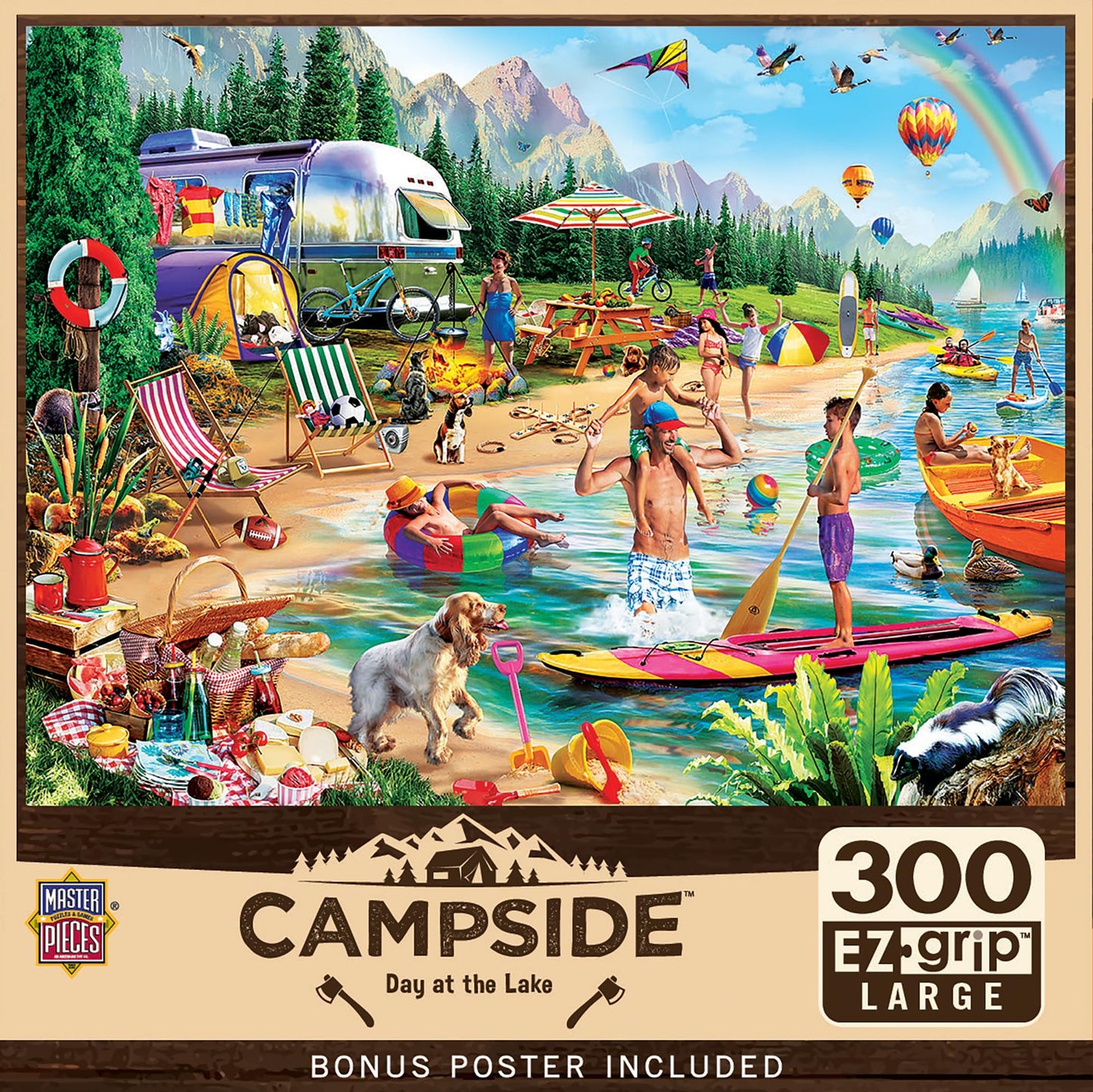 MasterPieces - 300 Piece Jigsaw Puzzle, Large EZ Grip Shapes, Camp Day at the Lake, Fun for Adults, Seniors, Family, Kids, Non-Glare Finish, 18"x24"