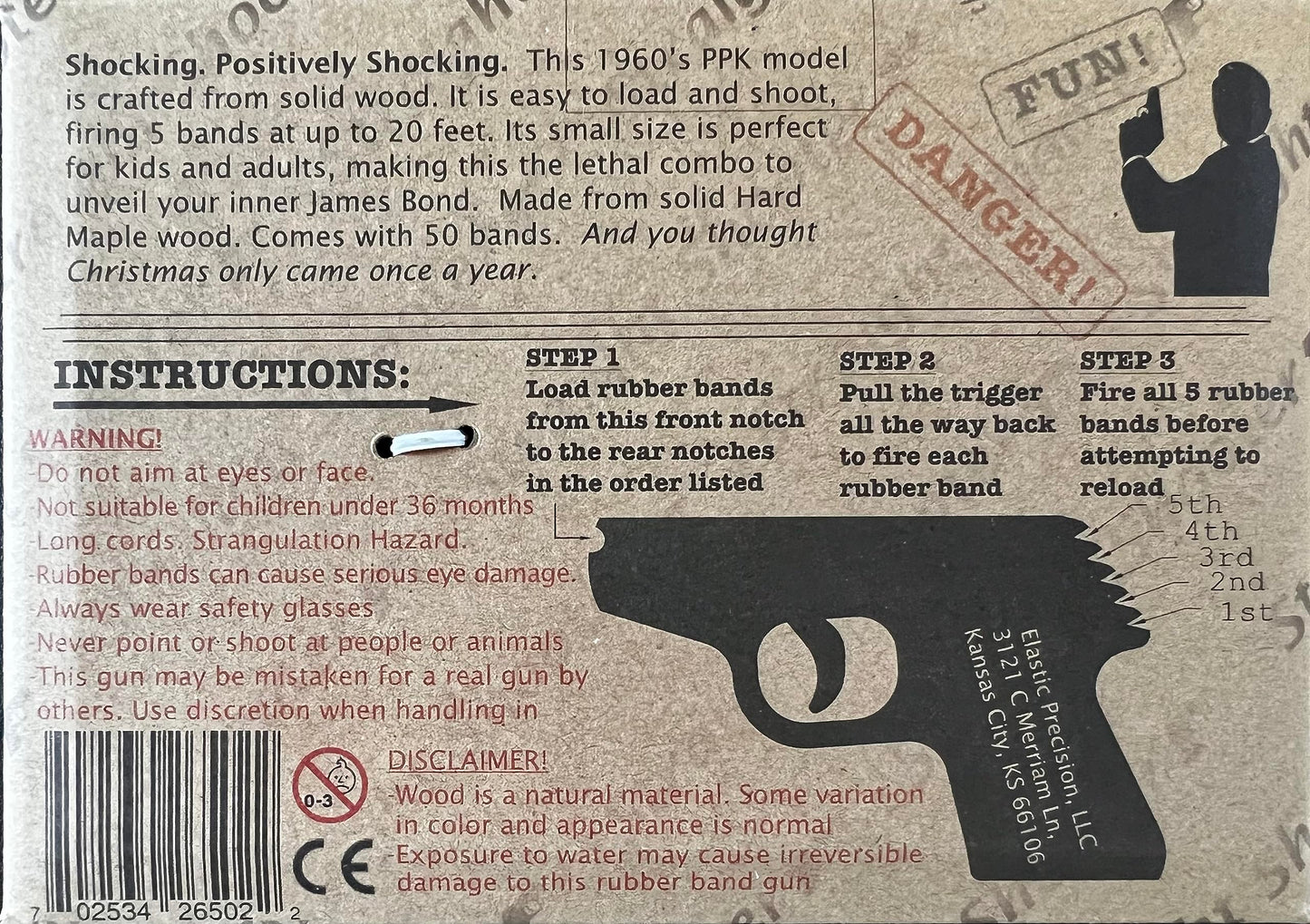 Elastic Precision Model PPK Rubber Band Gun Made from Solid Hardwoods with Rapid-Fire Semi-Automatic Action and Walnut Grips