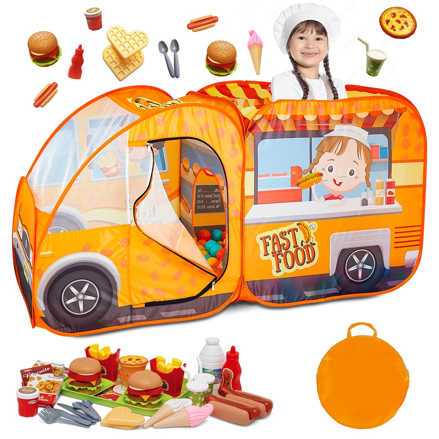 Kiddzery Food Truck Play Tent - 54 Pc. Food Set Pop Up Playhouse - Pretend Play Toys for Toddlers - Ball Pit Playset - Indoor & Outdoor Toy Tents